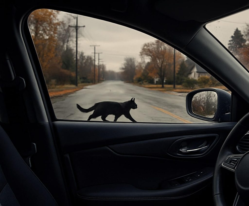 black cat crossing your path